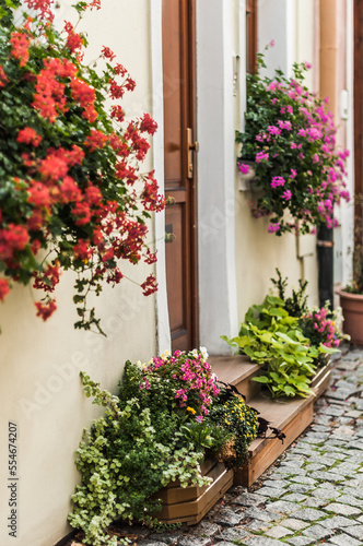 Beautifully decorated with fresh flowers, the threshold of a building.