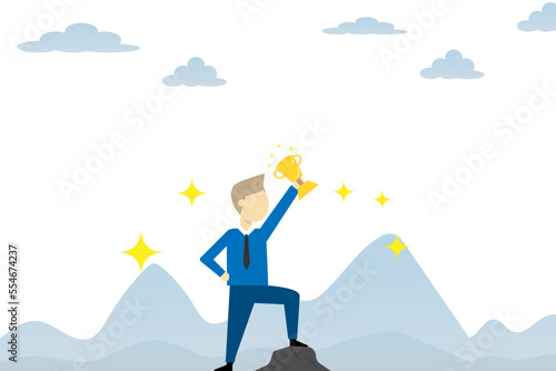 Vector businessman show trophy about successful achievement target with the growth up graph concept