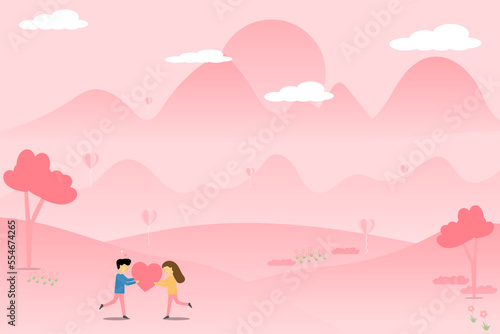 Vector illustration couple and lover pink mountain and flower background landscape valentine cocnept © Thanasak