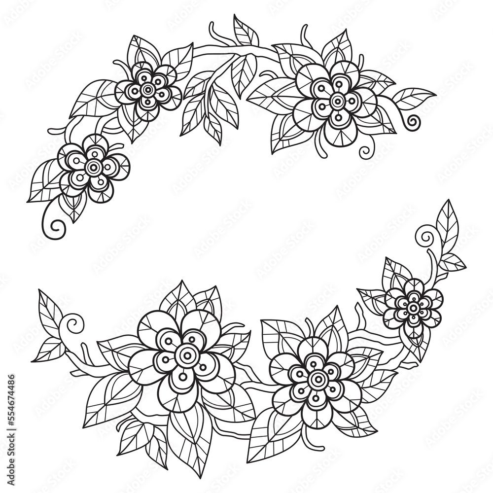 Fototapeta premium Beautiful flower frame hand drawn for adult coloring book