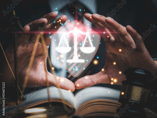 Justice lawyers with Judge gavel, Businessman in suit or lawyer Hiring lawyers in the digital system. Legal law, prosecution, legal adviser, lawsuit, detective, investigation,legal consultant...