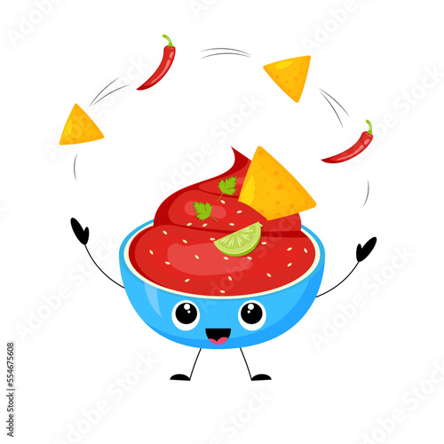 Cute kawaii salsa sauce juggling nachos and chili pepper. Cartoon style vector illustration.