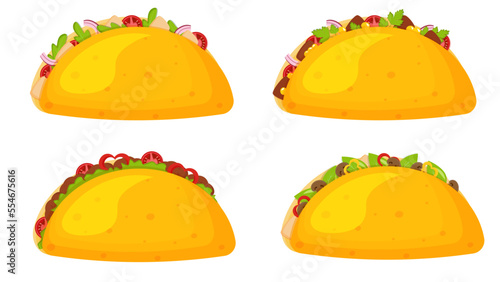 Mexican cuisine traditional dish tacos with different fillings set.