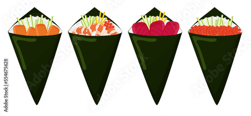 Temaki sushi with different fillings. Vector illustration.