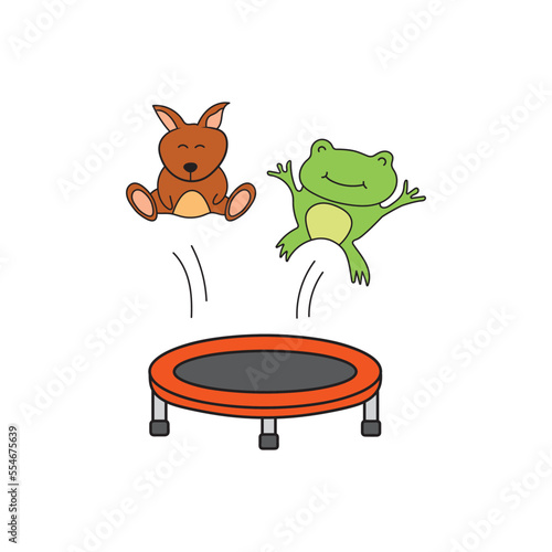 vector illustration of frog and kangaroo jumping on trampoline