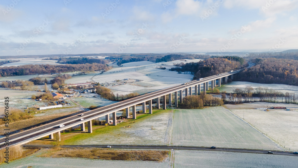 high angle view of highway bridge in the beautiful winter landscape