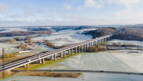 high angle view of highway bridge in the beautiful winter landscape