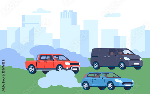 Fototapeta Naklejka Na Ścianę i Meble -  Automobile air pollution. Exhaust gases from cars traffic in city. Smoke emission. Pickup truck and minivan. Urban landscape. Gasoline combustion smog. Ecology contamination. Vector concept
