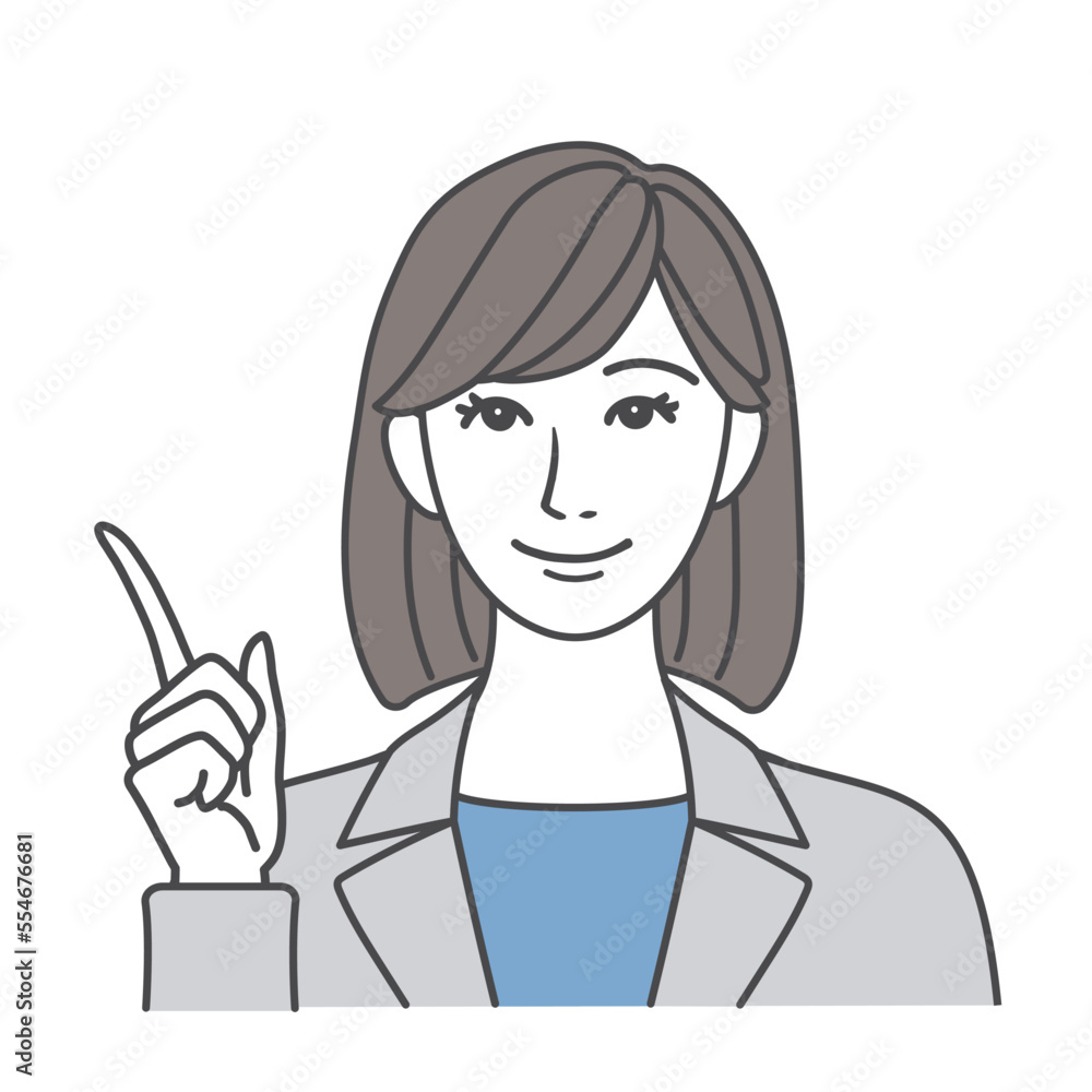 指差しポーズでポイントを説明をするスーツを着た女性のイラスト素材 グレー 指差しポーズでポイントを説明をするスーツを着た女性のイラスト素材 グレー