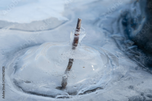 Ice bubble around a twig in a frozen river