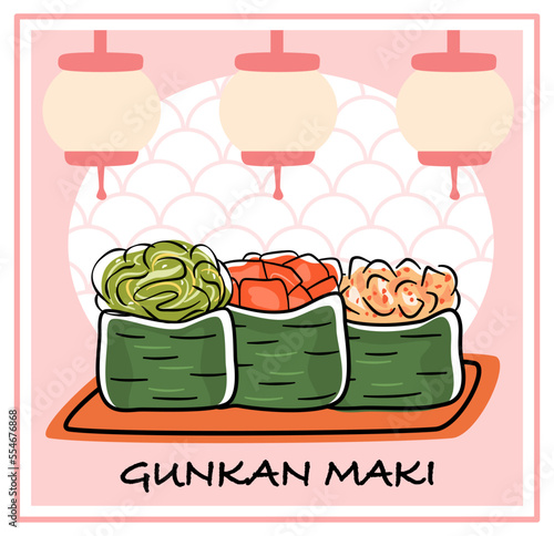 Set of Gunkan Maki Sushi with different fillings (chuka, scallop, tuna) with authentic Japanese background. Asian food, Japanese menu.