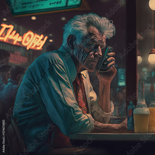 Generative AI  Generative  AI  portrait of a person talking on the phone in a bar