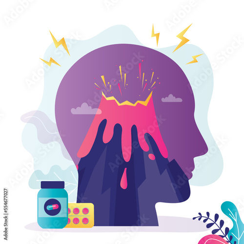 Volcano eruption in head. Negative emotions. Anger and irritation, outrage concept. Sedative pills. Mental tension, experiencing stress, panic attack, hysteric behavior.