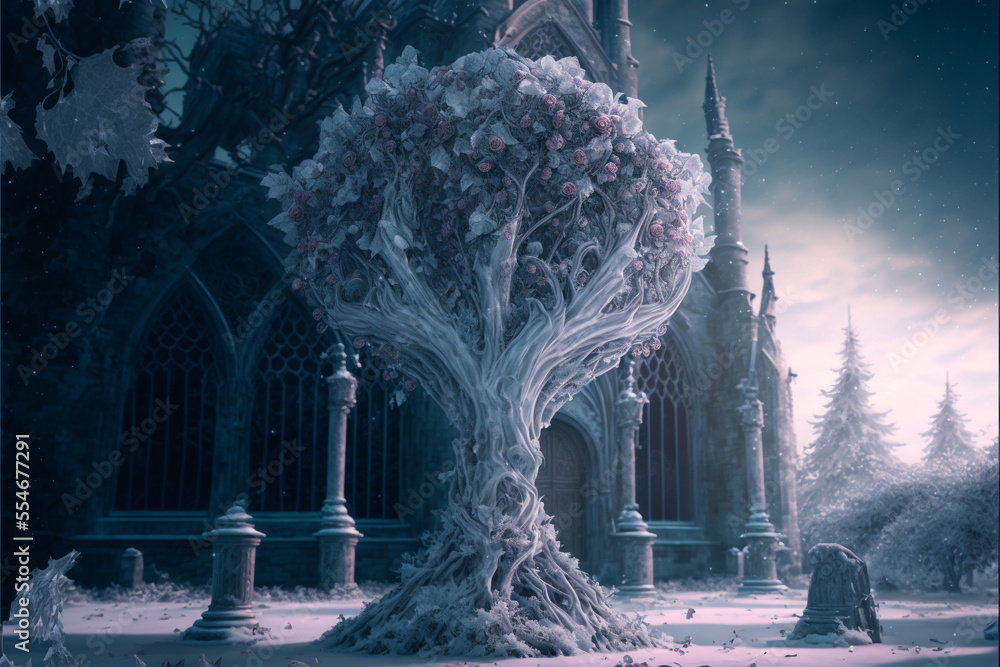 Roses draped with epic frost fantasy magical with gothic church background.,generative ai.