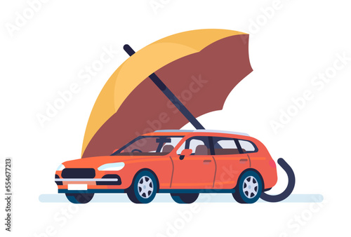 Car under umbrella. Automobile insurance. Insured transport. Property safety. Theft protection. Accident repair guarantee. Vehicle protect coverage. Crash compensation. Vector concept