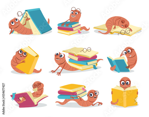 Cartoon funny book worm. Smart little caterpillar. Well read character. Cute bug with glasses. Crawling insect learns. Library and bookstore mascot. Splendid vector bookworm poses set