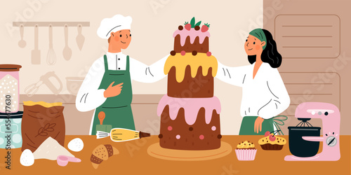 Confectioners at work. Wedding dessert creating process. Man and woman in chefs cap and uniforms. Cake design. People cooking in kitchen. Cupcakes and croissants. Garish vector concept