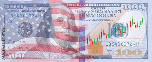 US economy. Franklin portrait next to the flag. Financial market of America. Charts next to a portrait of Franklin. Concept - economists forecast for the United States. US government bonds. photo