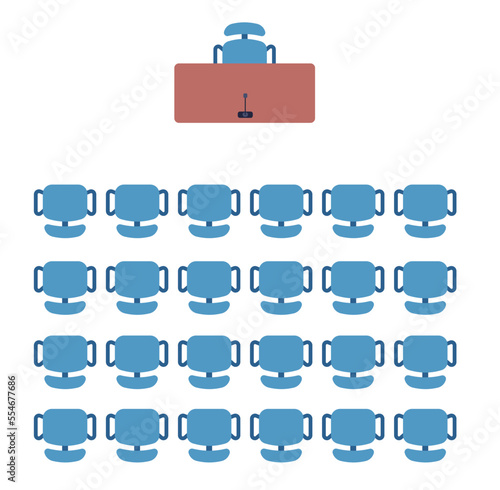 Conference hall. Business presentation. Empty auditorium. University lecture room interior with office chairs and table. Seats top view. Forum audience armchairs and desk. Vector concept