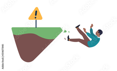 Danger of falling off cliff. Attention sign. Dangerous situation. Person flying down of mountain. Climbing risk. Businessman fail. Safety in nature. Trouble and failure. Vector concept