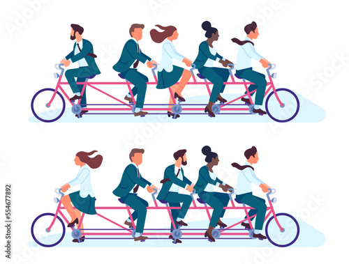 Different path. Business way direction. Conflict in office team. Opposite decision. Workers disagreement. People ride bicycle together. Cyclist individuality in group. Vector concept