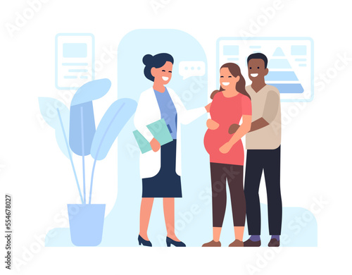 Doctor consults pregnant woman. Family at appointment in perinatal clinic. Consultation with gynecologist. Health examination. Visit in hospital. Couple talk with physician. Vector concept