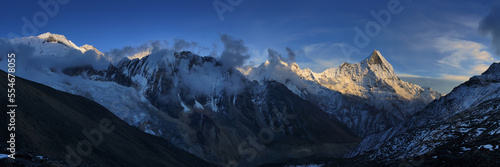Panoramic view of the Mt. Machapuchare before sunset near Annapurna base camp. Himalaya mountains, Nepal. photo