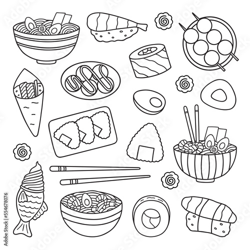 Japanese food doodle set. Asian cuisine. Ramen, sushi, onigiri, dango in sketch style. Hand drawn vector illustration isolated on white background