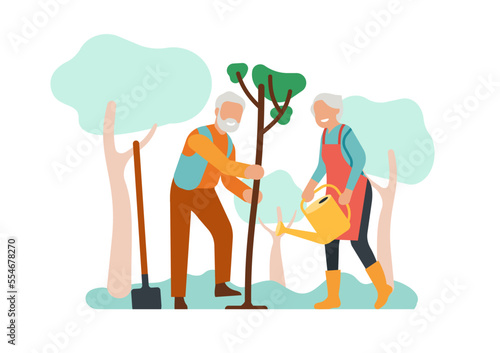 Elderly people planting tree. Senior family in garden. Grandparents digging and watering plant. Gardening grandma and grandpa in orchard. Retired gardeners activity. Vector concept