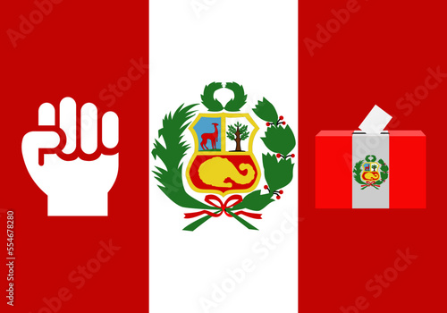 Elecciones y puño en lucha con la bandera de Perú y escudo