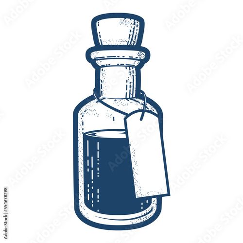 Vintage bottle with poison or medicine, liquid drug mixture with corck and tag, flask for mixture or essential oils, vector