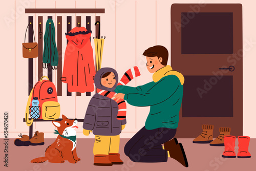 Father helps dressed child. Dad ties his sons scarf before going out for walk. Warm winter clothes. Caring parent. People put on clothing. Children seasonal outfit. Garish vector concept