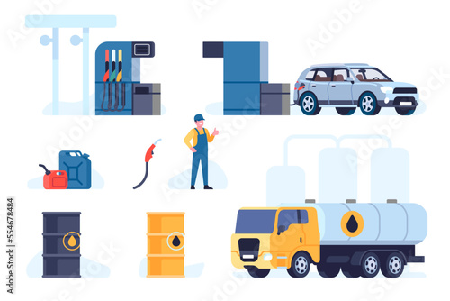 Gas station. Diesel refuel. Petroleum barrel and canister. Gasoline truck. Worker in uniform with refueling nozzle. Automobile refill. Fossil fuel. Flat style badges. Vector elements set