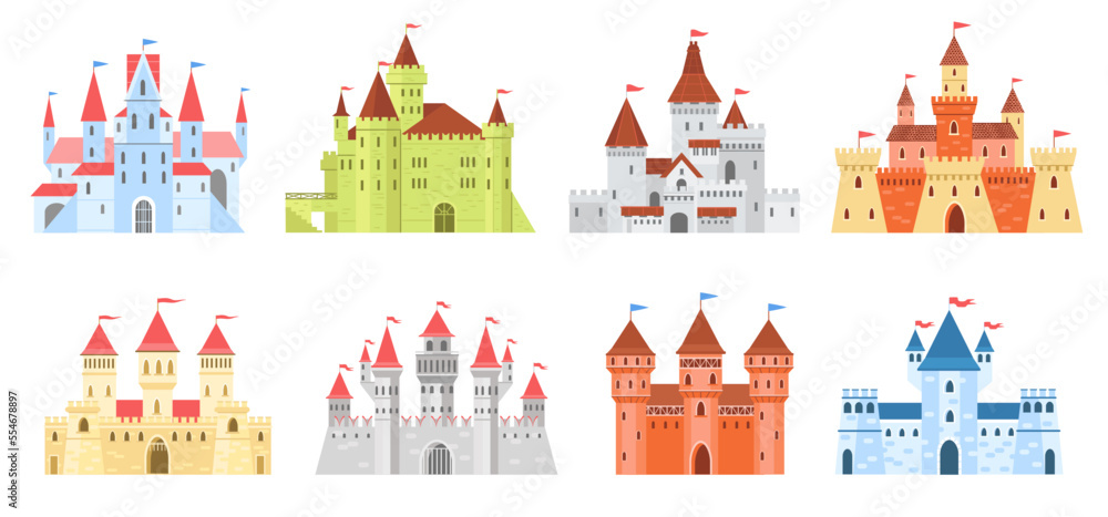 Obraz premium Kingdoms and castles. Medieval king palaces. Cartoon towers and fortress walls. Turret with waving flags on spires. Fabulous princess habitation. Fairytale architecture. Splendid vector set