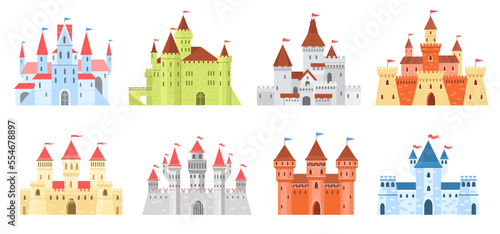 Kingdoms and castles. Medieval king palaces. Cartoon towers and fortress walls. Turret with waving flags on spires. Fabulous princess habitation. Fairytale architecture. Splendid vector set