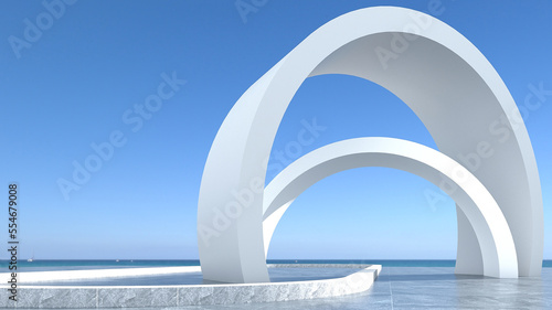 Modern white concrete space, floors, and walls are oval-shaped streamlined structures. background with a transparent sky Industrial concept modern structure to place the product. 3D rendering