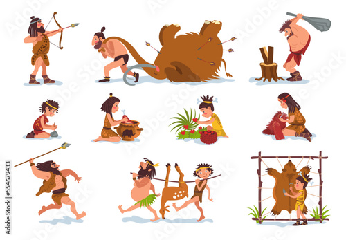 Prehistoric stone age people. Mammoth hunting. Caveman or cavewoman. Primitive human. Hunters survival. Food extraction. Primal persons make clothes from animal skin. Splendid vector set