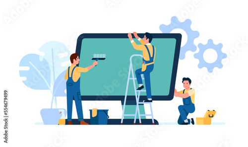 Repair service employees diagnose computer. Workers fix device problems. Laptop professional maintenance. Upgrade and clean monitor. Broken electronics. Technicians work. Vector concept