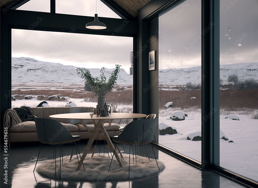 Fototapeta premium Inside a Glass House with Furniture Winter View, Minimal Tinny House, 3D Illustration, Generative, AI 