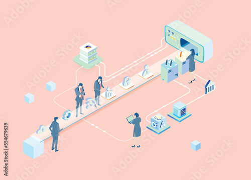 Business people are working next to conveyor belt, controlling the progress. Isometric concept business environment  