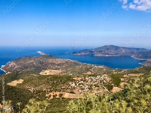 Panoramic view of town Kalkan in Kas Antalya Turkey photo taken from the top of the mountains the bay and sea visible