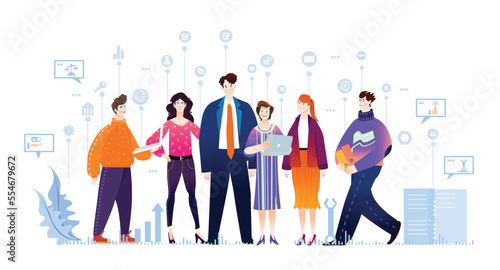 Young creative people, team are working together, talking and making decisions. Business concept illustration