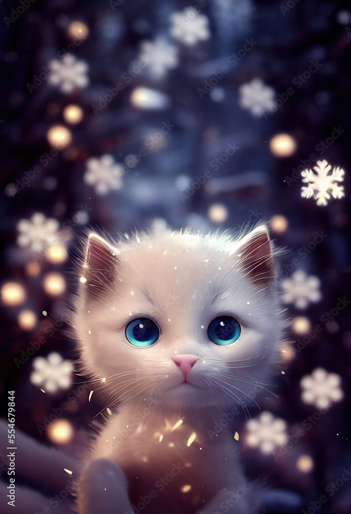Portrait of a cute little white blue eyed kitten among the falling snowflakes on a dark background, AI generated image Portrait of a cute little white blue eyed kitten among the falling snowflakes on a dark background, AI generated image
