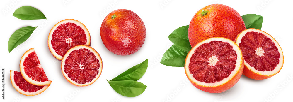 Blood red oranges isolated on white background . Top view. Flat lay Blood red oranges isolated on white background . Top view. Flat lay