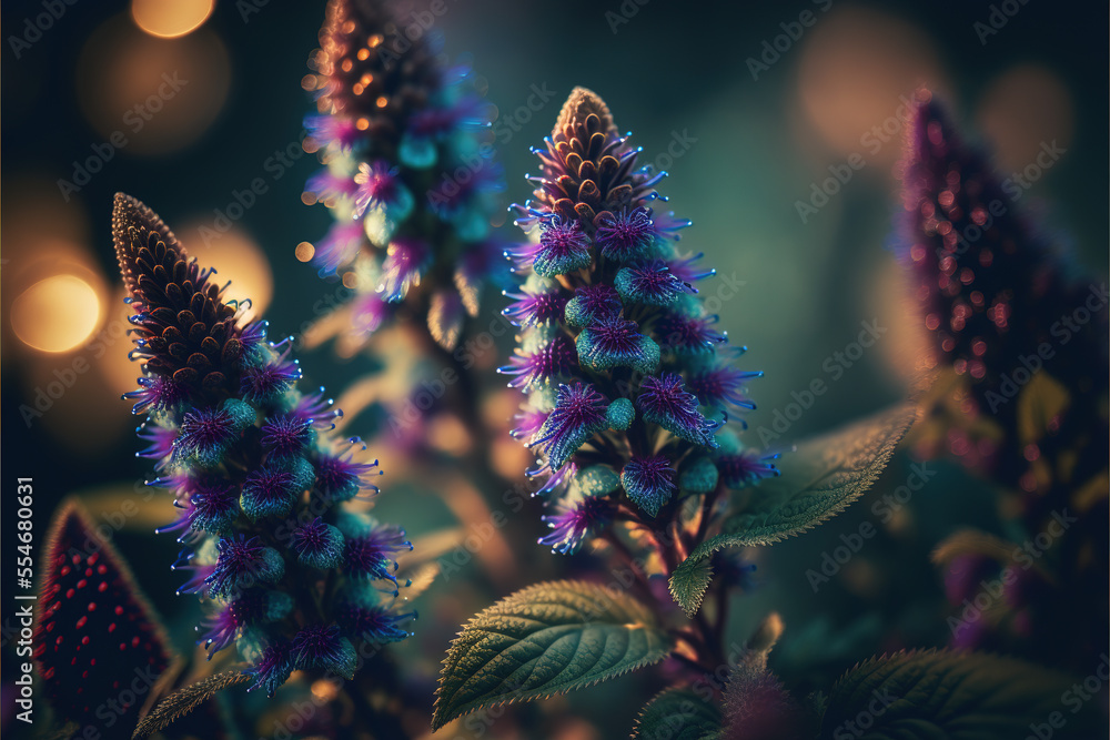 Obraz premium Purple flowers closeup with Light leaks and blurred background with copy space, Anise Hyssop flowers