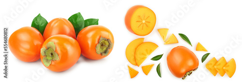 persimmon slice with leaves isolated on white background with copy space for your text. Top view. Flat lay pattern