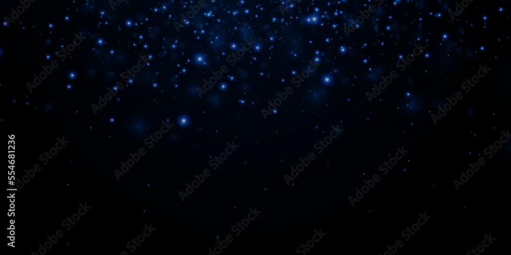 Blue glitter particles background with shining neon stars falling down and light flare or glare overlay effect above for luxury premium product design. backdrop. Magic light shine glow radiance