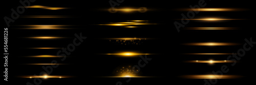 Golden light effects on a black background. Bright flashes and highlights of golden color. Bright beams of light. Light vibration from sound. Glowing lines. Vector illustration. EPS 10