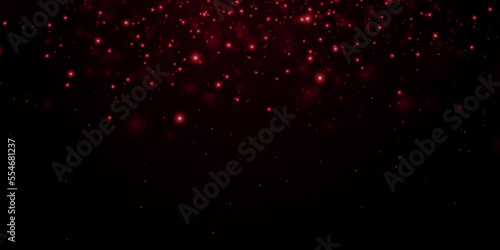 Wide red glitter holiday confetti with glow lights on black background. Vector illustration