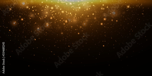Christmas background. Magic shining gold dust. Fine, shiny dust bokeh particles fall off slightly. Fantastic shimmer effect. Vector illustrator.